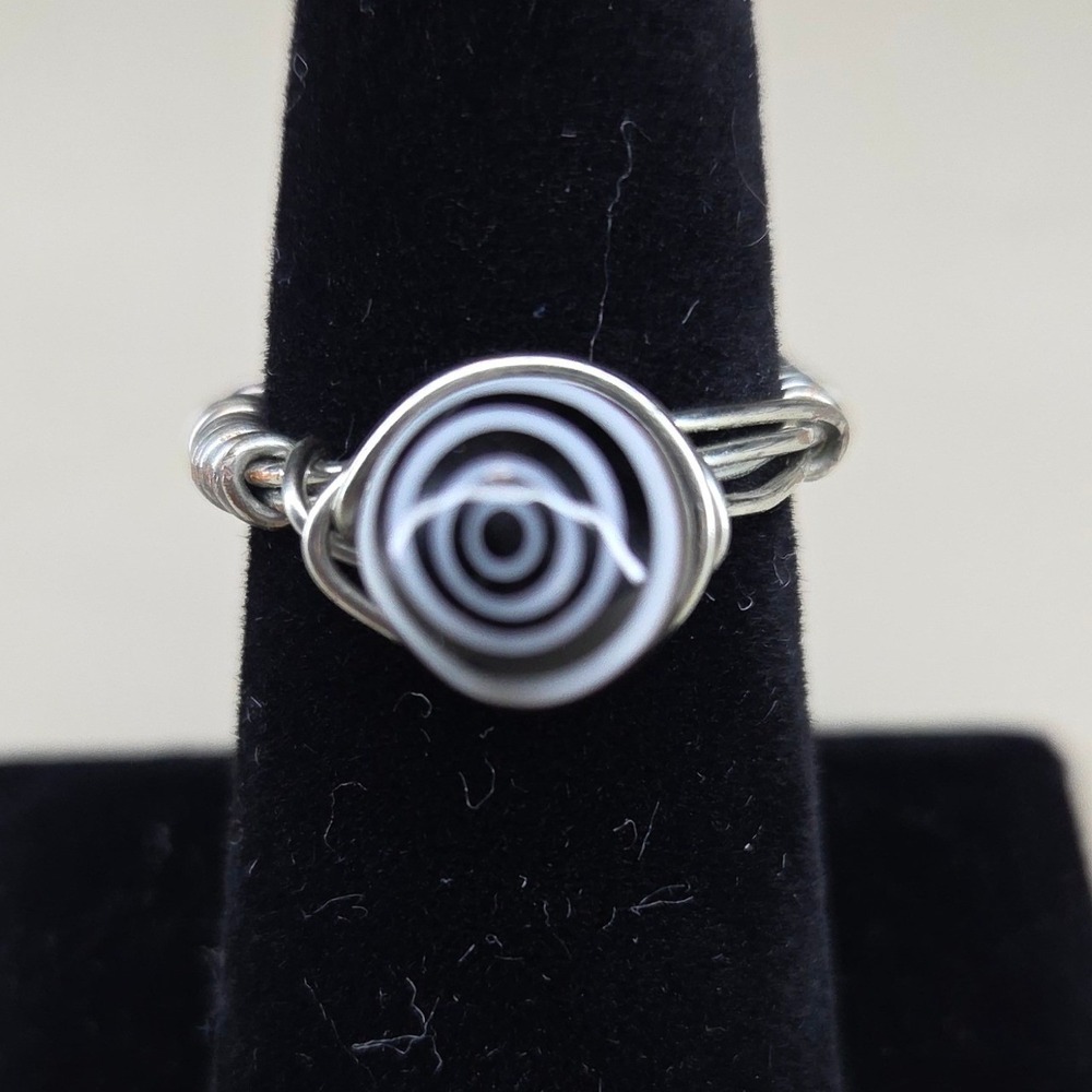 Handmade Wire Wrapped Ring Black White Hypnotize Swirl Glass Bead Boho Size 7.5